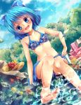  1girl bikini blue_bikini blue_eyes blue_hair blush bow cirno feet flower hair_bow open_mouth plaid plaid_bikini short_hair smile solo soujun7023 swimsuit touhou 