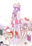  bat_wings bespectacled blonde_hair book bow cake crescent crescent_moon dress feet flandre_scarlet food glasses hair_bow hat hiding highres long_hair lying patchouli_knowledge ponytail purple_eyes purple_hair puuakachan reading red_eyes remilia_scarlet short_hair side_ponytail squatting straw touhou under_skirt violet_eyes wings 