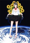  barefoot black_hair code49 earth feet flower giantess grey_eyes holding holding_shoes legs nanahime_(aoi) original shoes skirt skirt_lift solo splash sunflower toes wading 