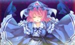  closed_eyes frills hat japanese_clothes kimono outstretched_arms petals pink_hair saigyouji_yuyuko shinia short_hair sleeves_past_wrists solo spread_arms touhou wide_sleeves 