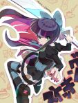  angry black_hair bow gothic gothic_lolita green_eyes lolita_fashion long_hair multicolored_hair nail_polish panty_&amp;_stocking_with_garterbelt purple_hair skirt solo stocking_(character) stocking_(psg) striped striped_legwear striped_thighhighs sword thigh-highs thighhighs two-tone_hair typo weapon 