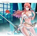  bikini breasts brown_eyes brown_hair crossdraw_holster dan_(toupe) flower front-tie_top gun kirijou_mitsuru large_breasts persona persona_3 rapier side-tie_bikini solo swimsuit sword weapon white_bikini wide_hips 