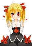  adapted_costume alternate_hairstyle blonde_hair bow face hair_bow hands heart looking_at_viewer omijin red_eyes rumia short_hair simple_background solo touhou 