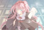  black_dress blue_eyes breasts dress hair_ribbon large_breasts ldbkty long_hair magic megurine_luka outstretched_hand pink_hair ribbon solo tile_floor tiles very_long_hair vocaloid 