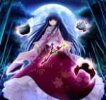 bamboo bamboo_forest black_hair bowl branch cowry_shell floating_object forest full_moon houraisan_kaguya jeweled_branch_of_hourai layered_skirt long_hair long_skirt moon nature red_skirt skirt solo touhou yellow_eyes