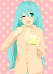  aqua_hair bad_id brushing_teeth cup hair_down hatsune_miku long_hair mug mugicha mugicha_(aruko) nightshirt open_mouth toothbrush very_long_hair vocaloid wink 