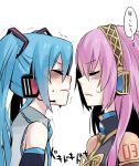  aqua_hair blush closed_eyes hatsune_miku incipient_kiss megurine_luka miz_01 mizuki_(koko_lost) multiple_girls nervous pink_hair simple_background sweatdrop trembling twintails vocaloid yuri 