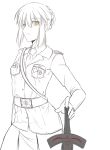  1girl alternate_costume belt braid breasts dark_excalibur epaulettes fate/stay_night fate_(series) french_braid military military_uniform monochrome necktie payot pleated_skirt saber saber_alter skirt solo spot_color strap sword tusia uniform weapon yellow_eyes 
