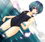  cherry_blossoms dutch_angle green_hair kotonoha_zaja mouth_hold one-piece_swimsuit original petals pocky school_swimsuit short_hair solo swimsuit 