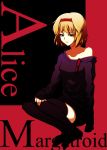  1girl alice_margatroid alternate_costume bare_shoulders blonde_hair blue_eyes character_name collarbone contemporary ex_hien glasses glasses_off glasses_removed hairband headband off_shoulder short_hair socks solo sweater thigh-highs thighhighs touhou 