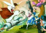  alice_(wonderland) alice_in_wonderland battle blonde_hair bunny cat cheshire_cat cuson dress forest hair_ribbon laughing long_hair mad_hatter monocle mushroom nature open_mouth pantyhose pocket_watch rabbit ribbon rocket rocket_launcher smoke stairs tree watch weapon white_rabbit 