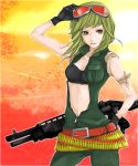  bad_id bandeau bandolier belt beltskirt bokura_no_16bit_warz_(vocaloid) bra breasts center_opening cleavage detached_sleeves gloves goggles goggles_on_head green_eyes green_hair gumi gun hand_on_hip lingerie midriff military military_uniform navel roku_(hikokeng) short_hair shotgun smile solo spas-12 tubetop underwear uniform unzipped vocaloid weapon 