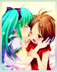  blush bow brown_eyes brown_hair closed_eyes green_hair hair_bow hair_ornament hairclip hatsune_miku highres kiss meiko mikasan multiple_girls smile vocaloid wink young 