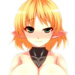  blonde_hair blush breasts cleavage green_eyes mizuhashi_parsee pointy_ears short_hair solo squinting touhou tro uneven_eyes wince 