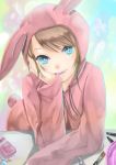  animal_ears bad_id blue_eyes blush brown_hair bunny_ears highres hoodie original rabbit_ears reio_reio smile solo 