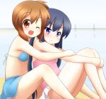  2girls bikini blue_eyes blue_hair brown_eyes brown_hair casual_one-piece_swimsuit hirasawa_yui k-on! long_hair mokana_natsumi nakano_azusa one-piece_swimsuit short_hair skirt swimsuit twintails wink 