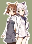  animal_ears brown_eyes brown_hair cat_ears cosplay costume_switch green_eyes highres holding_hands military military_uniform miyafuji_yoshika multiple_girls no_pants okaka pantyhose sailor sailor_uniform sanya_v_litvyak school_swimsuit short_hair silver_hair strike_witches swimsuit swimsuit_under_clothes tail uniform 
