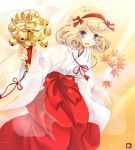  bell blonde_hair blue_eyes farmer_(sekaiju) japanese_clothes kagura_suzu kakerayuri leaf maple_leaf miko sekaiju_no_meikyuu sekaiju_no_meikyuu_3 