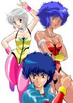  80s blue_eyes blue_hair character_request dangaioh dangaiou dark_skin green_eyes lambda_nom leotard multiple_girls oldschool pai_thunder pantyhose pink_legwear pink_pantyhose ranpu red_eyes roll_kulan short_hair silver_hair 