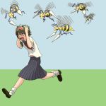  1girl artist_request beedrill crossover flower head_wreath parody pokemon pokemon_(creature) running school_uniform to_aru_kagaku_no_railgun to_aru_majutsu_no_index uiharu_kazari 