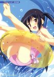  ass barefoot black_hair blush brown_eyes casual_one-piece_swimsuit feet highres innertube k-on! kuuchuu_yousai long_hair nakano_azusa one-piece_swimsuit open_mouth solo swimsuit twintails very_long_hair water water_slide waterslide 