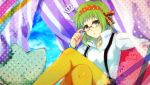  bespectacled crossed_legs glasses green_eyes green_hair gumi hairband okra_boom pantyhose short_hair sitting solo suspenders vocaloid yellow_legwear 