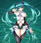  aqua_hair ashita_yaru blue_eyes elbow_gloves fingerless_gloves gloves hatsune_miku hatsune_miku_(append) impossible_clothes impossible_shirt long_hair miku_append navel necktie no_panties shirt solo thigh-highs thighhighs twintails very_long_hair vocaloid vocaloid_append 