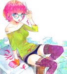  :o barcode bare_shoulders boots cube cutting_hair ear_piercing glasses gloves highres original piercing pink_hair purple_eyes purple_legwear purple_thighhighs scissors screwdriver short_hair short_shorts shorts single_glove sitting solo sono star sweater tattoo thigh-highs thighhighs violet_eyes 