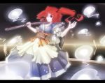  bad_id cleavage hair_bobbles hair_ornament highres kusakanmuri large_breasts letterboxed onozuka_komachi red_eyes red_hair redhead scythe short_hair solo touhou twintails 