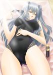 bottle highres long_hair mahou_shoujo_lyrical_nanoha mahou_shoujo_lyrical_nanoha_strikers numbers_(nanoha) one-piece_swimsuit silver_hair sunglasses swimsuit towel uno yellow_eyes 