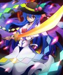  apron blue_hair bow dress hat hinanawi_tenshi long_hair peach red_eyes solo suyaki sword sword_of_hisou touhou weapon 