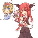  :d alice_margatroid anger_vein bat_wings blonde_hair blue_eyes blush flapping head_wings koakuma natsuk necktie open_mouth patchouli_knowledge purple_hair red_eyes red_hair smile thought_bubble touhou turn_pale vest wings 