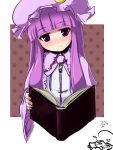  bangs blunt_bangs blush book bust chibi coo hat head_tilt patchouli_knowledge polka_dot polka_dot_background portrait purple_eyes purple_hair smile solo touhou 