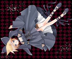  blonde_hair blue_eyes bow detached_sleeves dress hair_bow hair_ribbon imitation_black_(vocaloid) kagamine_len kerokeron legs male ribbon short_hair solo trap vocaloid 