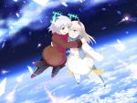  animal_ears antennae blonde_hair blue_eyes cat_ears cat_tail coat eila_ilmatar_juutilainen flying fox_ears fox_tail green_eyes highres hirschgeweih_antennas hug long_hair multiple_girls open_mouth sanya_v_litvyak scarf short_hair silver_hair smile star strike_witches striker_unit striker_units tail tears tsuyuki wink 