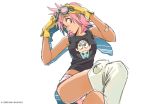  dokonjou_gaeru flcl gainaxtop gloves goggles goggles_on_head haruhara_haruko nandaba_naota parody pink_hair shirt shorts thighhighs tsurumaki_kazuya 