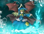  artist_request bad_id bat_wings breasts cape capelet crescent crescent_moon dress ghost ghost_tail green_eyes green_hair hat kazetuki long_hair mima ribbon solo staff touhou wings wizard_hat 