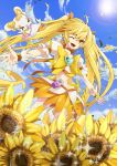  artist_request blonde_hair cloud clouds cure_sunshine flower futari_wa_precure hair_ribbon heart heartcatch_precure! kousou long_hair magical_girl midriff myoudouin_itsuki navel open_mouth orange_dress petals potpourri_(heartcatch_precure!) potpourri_(precure) precure ribbon skirt sky sun sunflower twintails wink wrist_cuffs yellow 