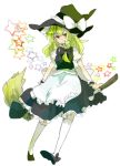  apron blonde_hair bow braid broom dress green_eyes grin hair_bow hat kirisame_marisa smile solo star tarako_(artist) tarako_supa touhou witch_hat wrist_cuffs 