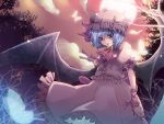  bat_wings blood blue_hair butterfly cloud clouds dress ebiten fingernails frills hat moon nails remilia_scarlet short_hair solo touhou tree wind wings wrist_cuffs 