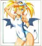  bat_wings blonde_hair competition_swimsuit demon_girl demon_tail earrings goggles goggles_on_head jewelry lilica_felchenerow one-piece_swimsuit pointy_ears swimsuit tail twintails wings wink 