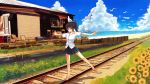  balancing barefoot bird bird_on_head black_hair blue_eyes cloud clouds flower furai highres legs long_hair ocean open_mouth original outstretched_arms ponytail railroad_tracks scenery skirt smile solo spread_arms standing_on_one_leg sunflower tiptoes 