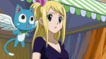  1girl animated animated_gif blonde_hair cat cleavage earrings fairy_tail happy_(fairy_tail) jewelry long_hair lucy_heartfilia screencap solo wings 