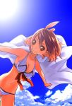 brown_hair cloud leaning_forward original outstretched_arms red_eyes short_hair sky smile solo spread_arms sunlight swimsuit towel yuuzii 