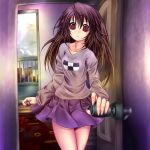  alternate_hairstyle brown_hair commentary good_end highres long_hair madotsuki monikano red_eyes skirt solo spoilers what_if yume_nikki 