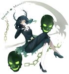  :p black_rock_shooter chain crossed_legs dead_master green_eyes highres long_hair no.70 scythe sitting skull smile tongue 