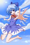  :d barefoot blue_dress blue_eyes blue_hair bow cirno dress flying hair_bow hands open_mouth outstretched_hand short_hair smile solo stand touhou tsukikase wings 
