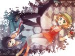  1boy 1girl bell_(pokemon) black_eyes black_hair blonde_hair cheren_(pokemon) dress glasses green_eyes hat holding holding_poke_ball jacket orange_legwear pantyhose poke_ball pokemon pokemon_(game) pokemon_black_and_white pokemon_bw shiramori_yuse yuse 