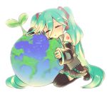  aqua_hair bad_id closed_eyes detached_sleeves earth fuyu_kitsune hatsune_miku hello_planet_(vocaloid) long_hair plant simple_background skirt solo thigh-highs thighhighs twintails very_long_hair vocaloid 