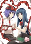  blue_hair bodimahattayaougaki body_mahattaya_ginga capelet food frills fruit hat hat_removed headwear_removed highres hinanawi_tenshi long_hair multiple_girls nagae_iku peach purple_hair red_eyes shawl short_hair symbol-shaped_pupils touhou 